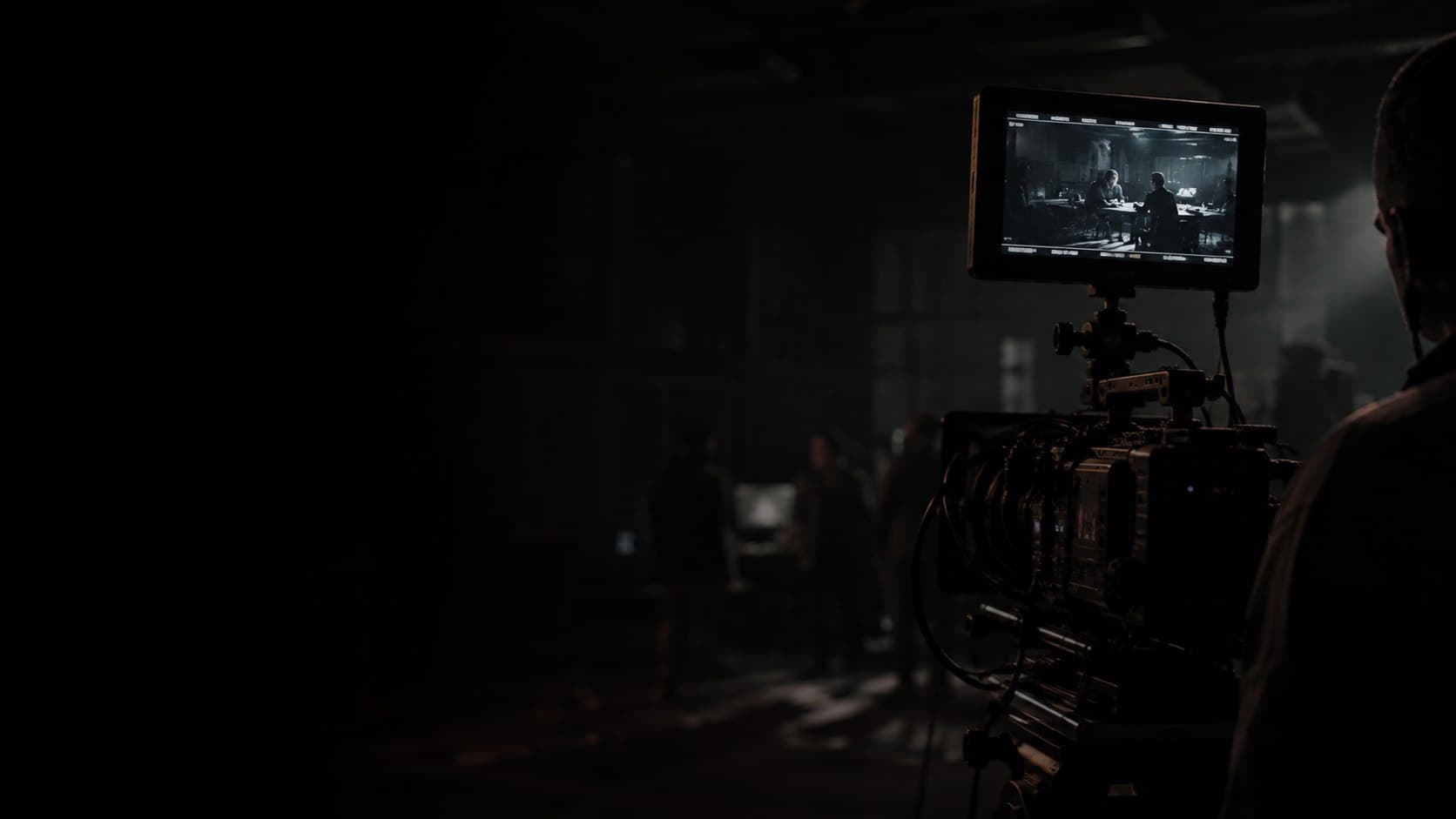 Film set with camera rig and monitor